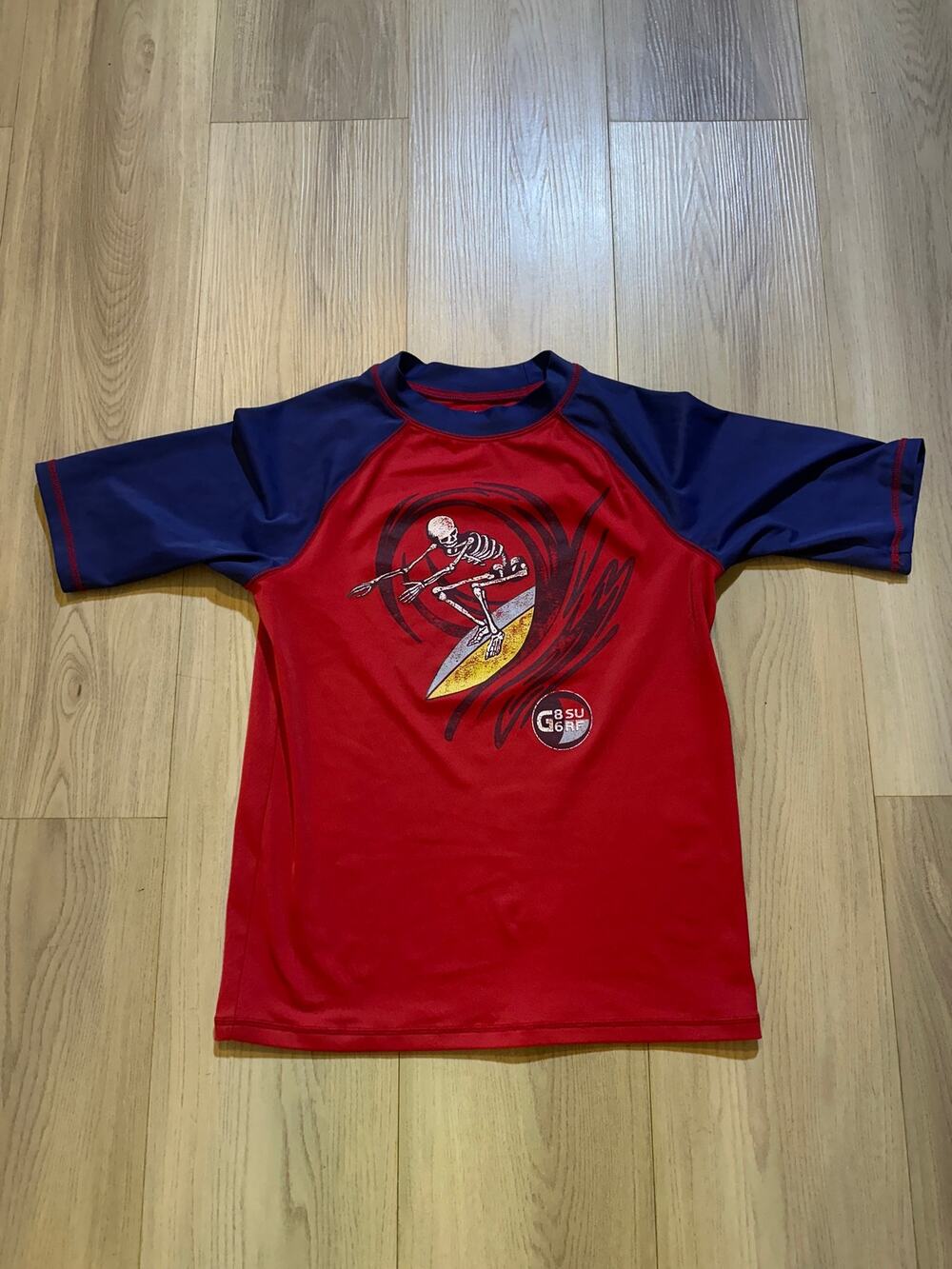 GapKids Boys L 10 Surfing Skeleton Rash Guard Swim Shirt Red Blue Short Sleeve